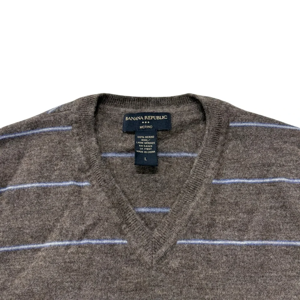 Banana Republic Men Merino Wool V-Neck Striped Sweater Brown Blue Large Pullover
